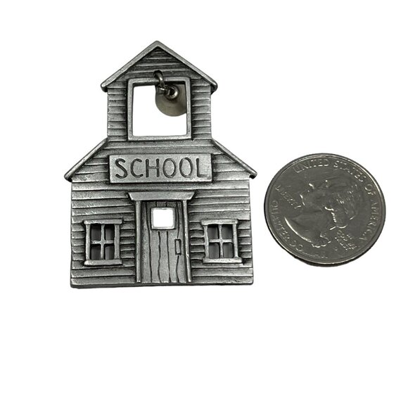 Vintage JJ School Brooch Pewter Tone Moveable Bell Old Schoolhouse Pin - Picture 4 of 8